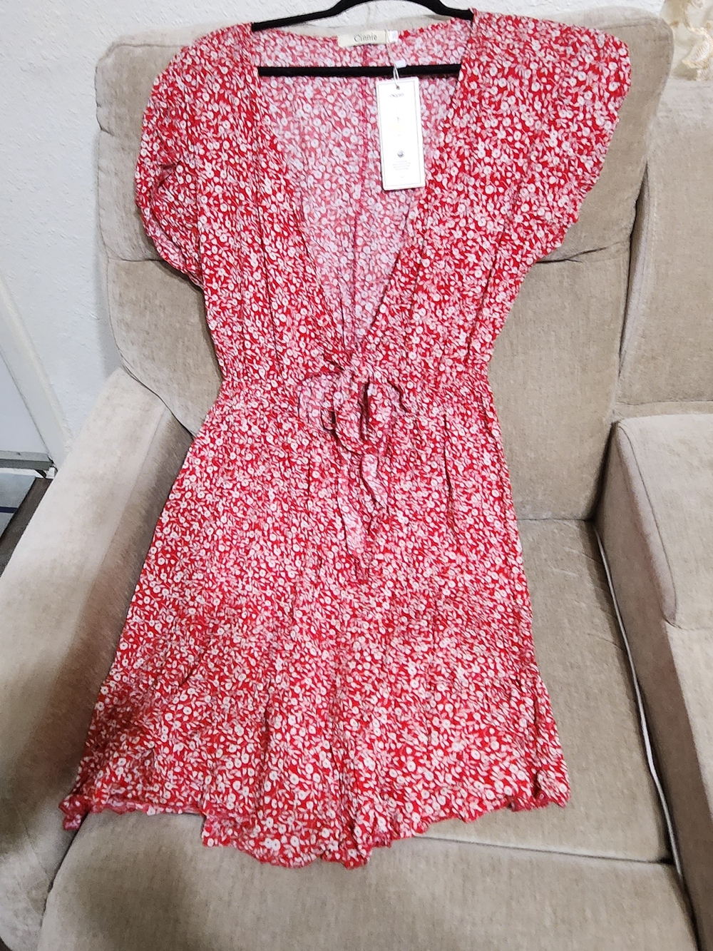 Cherish Red Floral V-Neck Tie-Waist Mini Dress